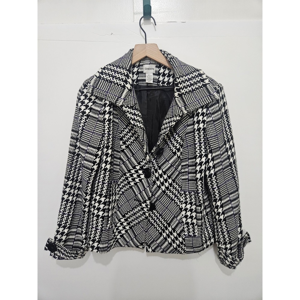 Chico's Black‎ White Houndstooth Purple Metallic Blazer Jacket Size 1 M 8-10
